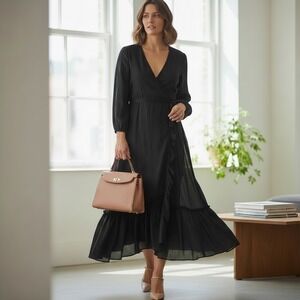 Boden Women's Black Viscose Wrap Maxi Dress Tiered Ruffle Size 6P Whimsigoth NWT